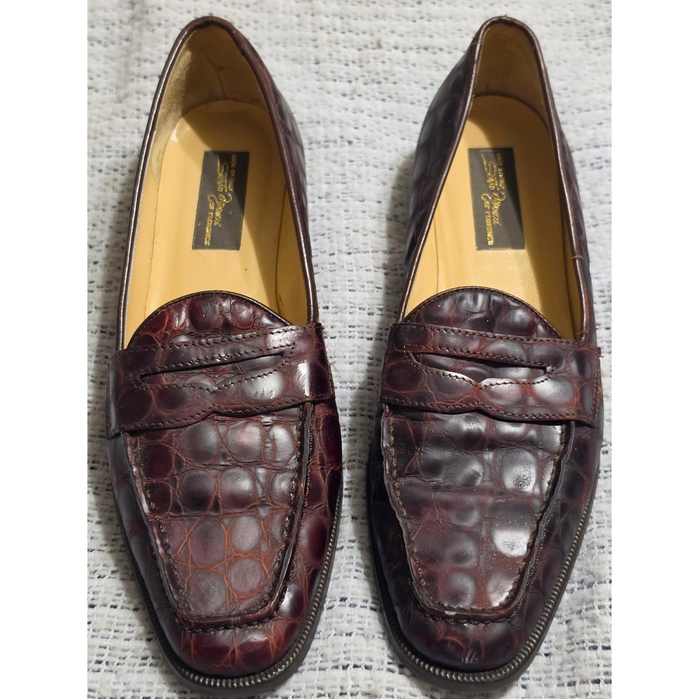 Sesto Meucci Florence Italy Brown Croc Embossed Leather Penny Loafers Size 8.5 N